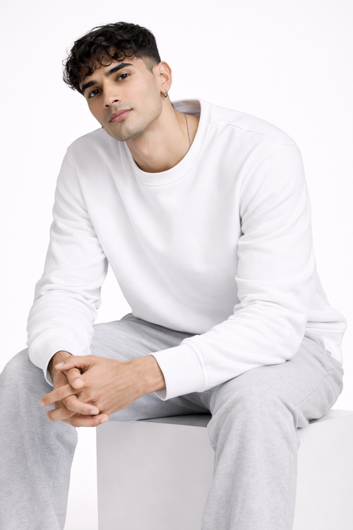 White Cotton Fleece Sweatshirt for Men | Heavyweight 300 GSM | TIW